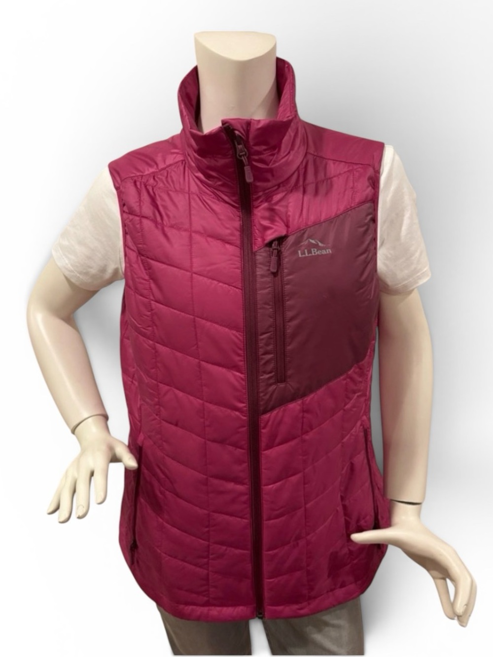 L.L. Bean Primaloft Packaway Quilted Vest, Magenta/Berry Colorblock, Women’s L